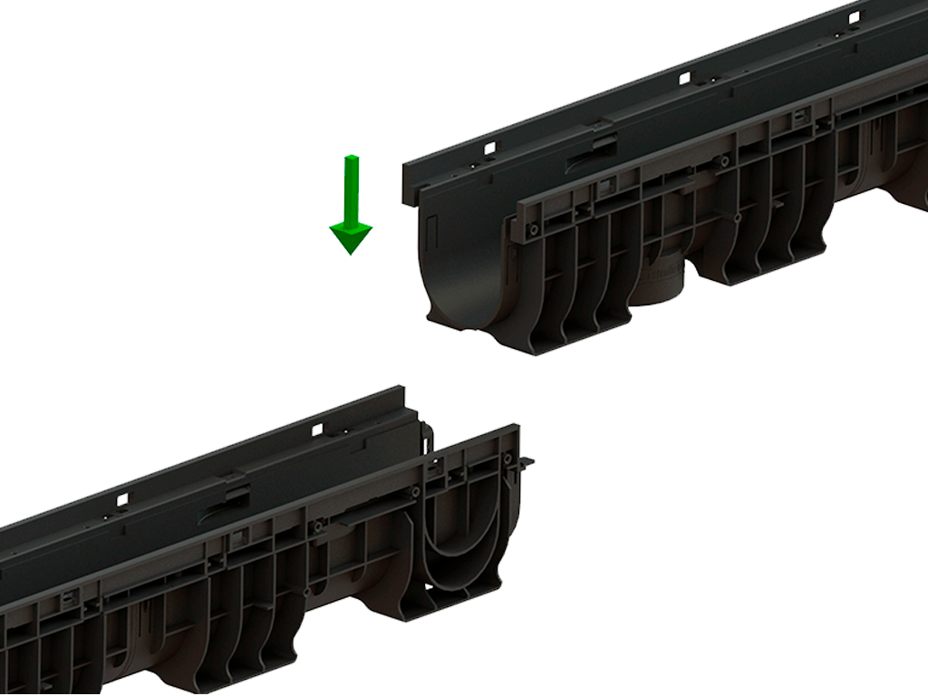 Rigolă din plastic BASE DN100 H120 cu grătar metalic zincat în fante clasa de sarcini A15